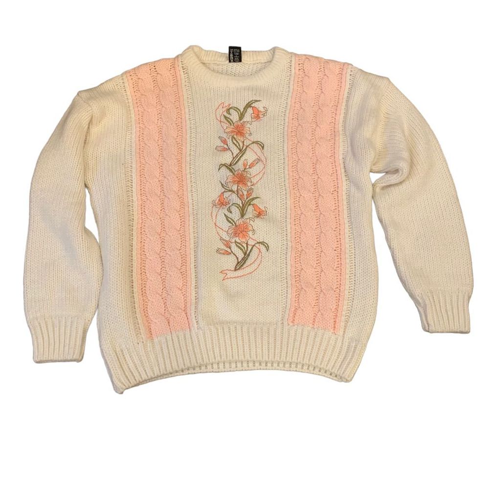 Vintage chunky cable knit floral sweater Sz M L